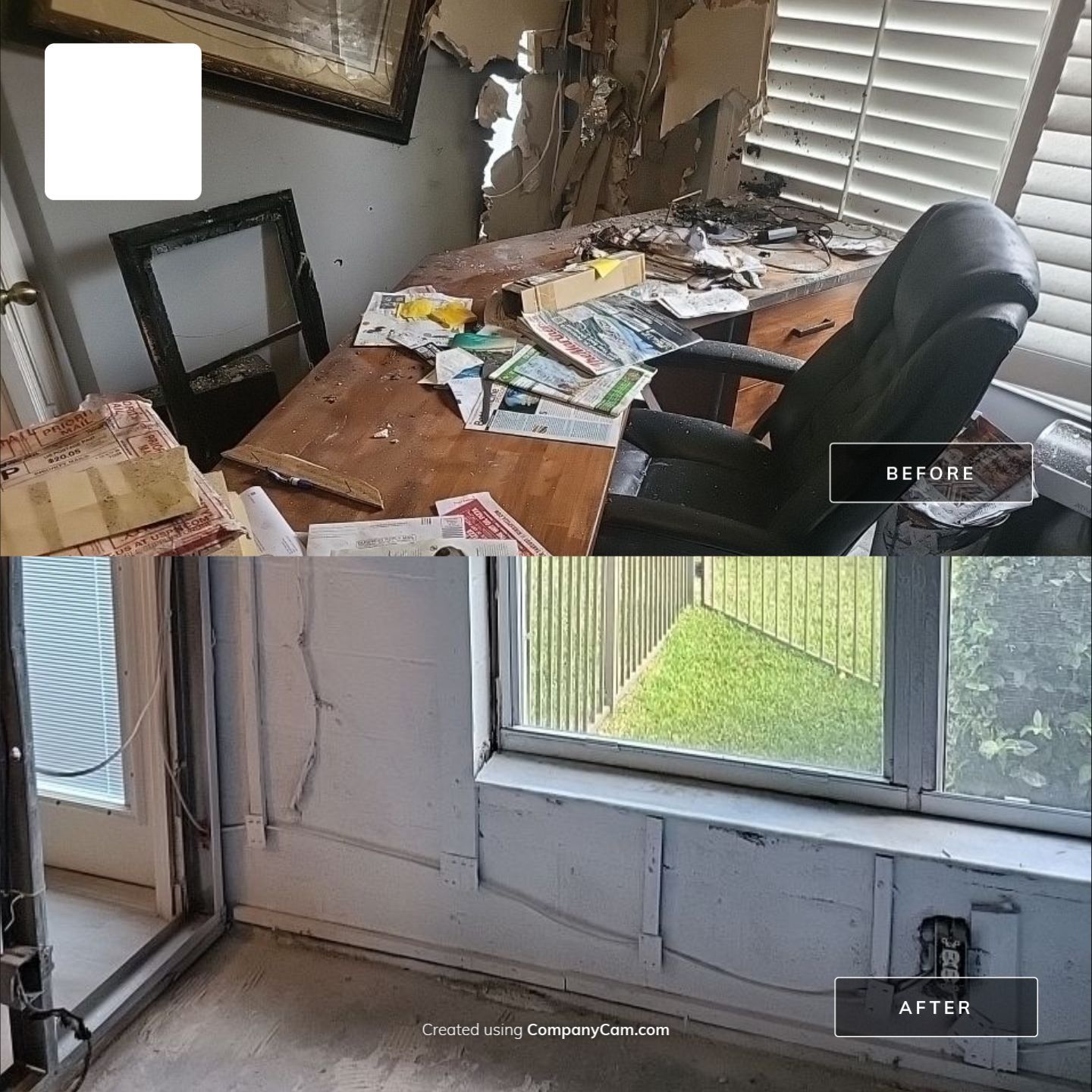 Before and after fire damage — smoke damaged office restored after gut out